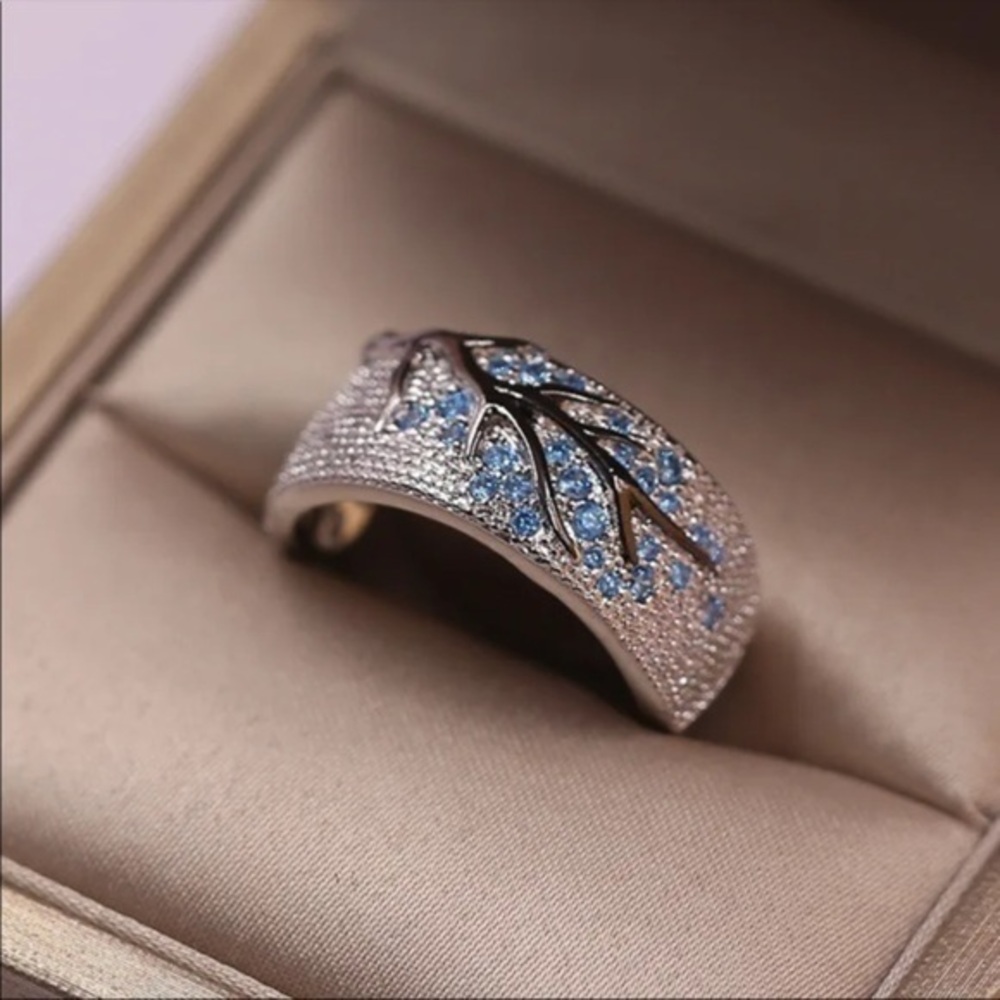 Silver Plum Tree Branch Ring Blue Red Crystal Wide Statement Band Women’s NWT